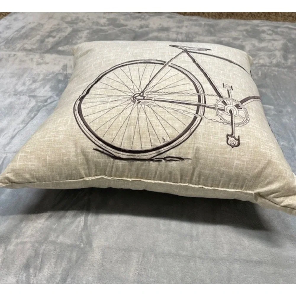 Throw Pillow embroidered Bicycle Design Beige and Brown 16 x 16 EUC